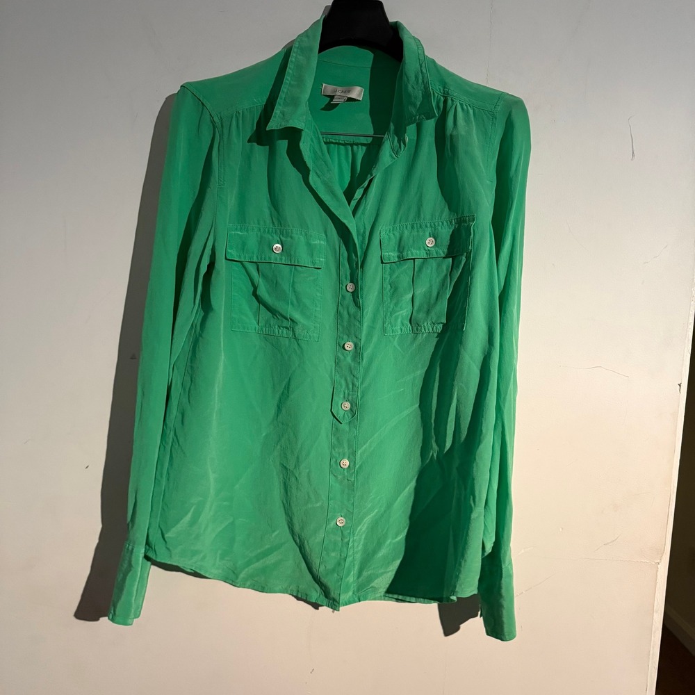 J. crew Blythe Silk Button Blouse Seafoam Green Long Sleeve Pockets Size 2